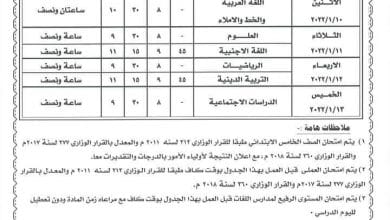 جدول امتحانات الصف الخامس الابتدائي 2022 جميع المحافظات